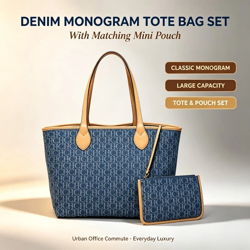 CHHC Women Denim Tote Bag Large Capacity Spring Summer 2026 New Reversible Double Strap Commute Shoulder Purse