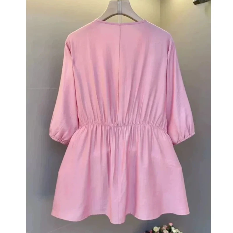 

Casual All-match V Neck Pleated Loose Shirt Tops Women Clothing Short Sleeve Solid Vintage Blouse Summer New Fashion Lazy Style