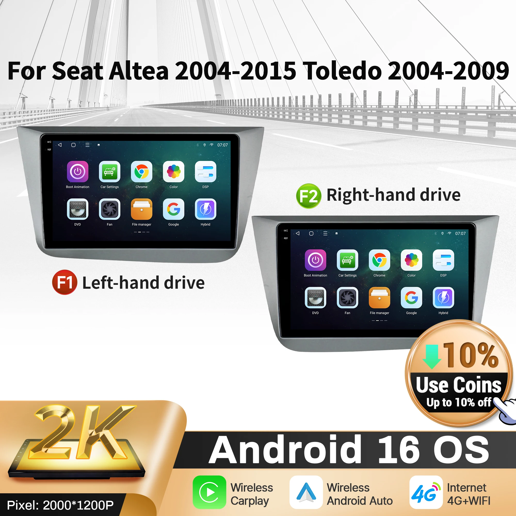 

9" Car Radio For Seat Altea 2004-2015 Toledo 2004-2009 Android 16 Wireless BT Carplay Multimedia Navigation Touch 2K QLED Screen