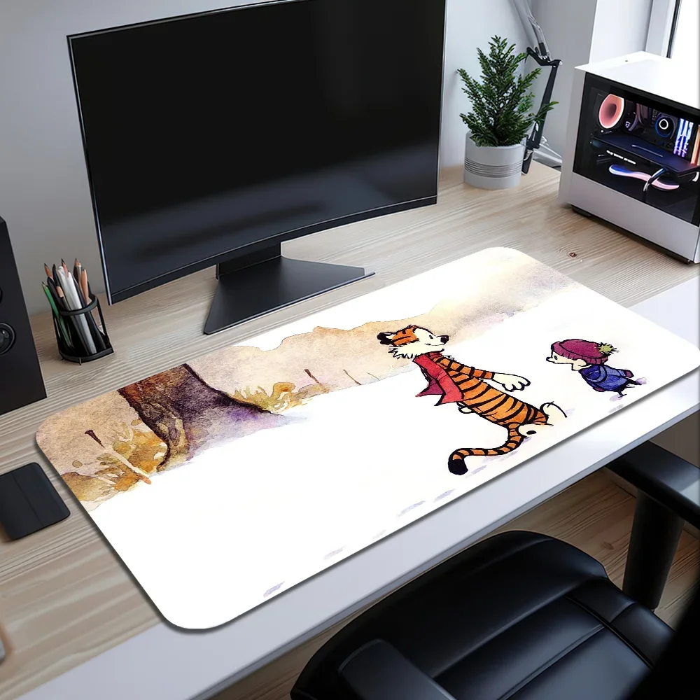 Calvin en H-Hobbes Leuk voor pc Grote muismatten Bureau-gamingmuismat Gestikte randen Antislip rubberen basis Verlengde muismatten