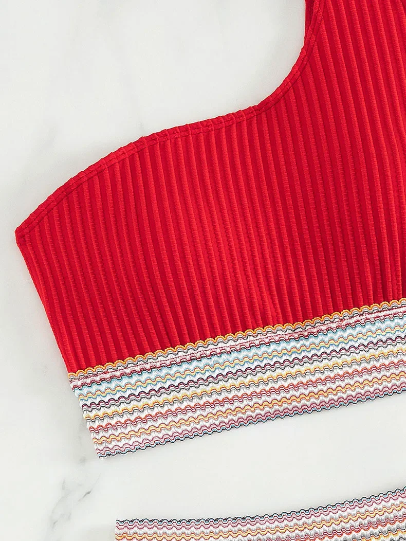 Vintage Red หนึ่งไหล่ชุดบิกินี่ผู้หญิงเซ็กซี่ถัก Patchwork ชุดว่ายน้ําสองชิ้น 2025 ชุดว่ายน้ําชายหาดชุดว่ายน้ําเอวสูง