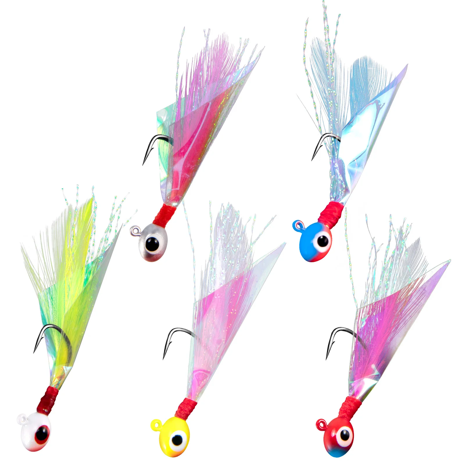 5pcs Crappie Jig Marabou Jigs Hand-Tied Fishing Jig Heads Hook with Feather Hair Mylar Flash Panfish Jigs Bass Trout Salmon