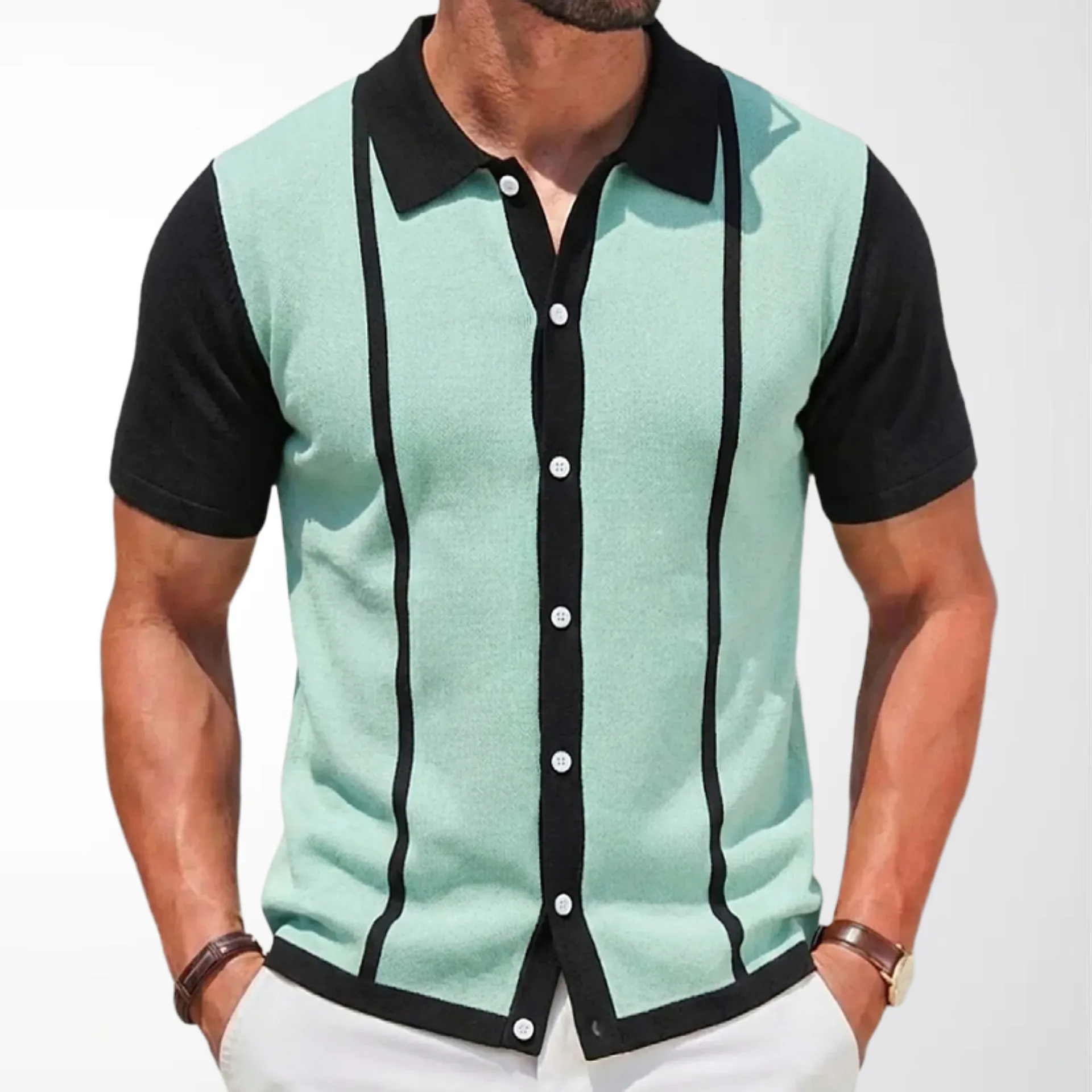 Spring Summer Mens T-Shirt Short Sleeve Lapel Stripe Jacquard Polo Shirt Business Casual Cardigan Tops Male Knitted Shirt SY0169