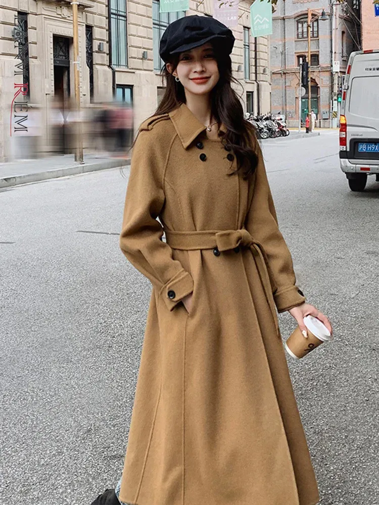 

LANMREM Double Sided Wool Coat Lapel Double Breasted Khaki Woolen Coat With Belt Female Fashion Streetwear Clothes 2DB1066