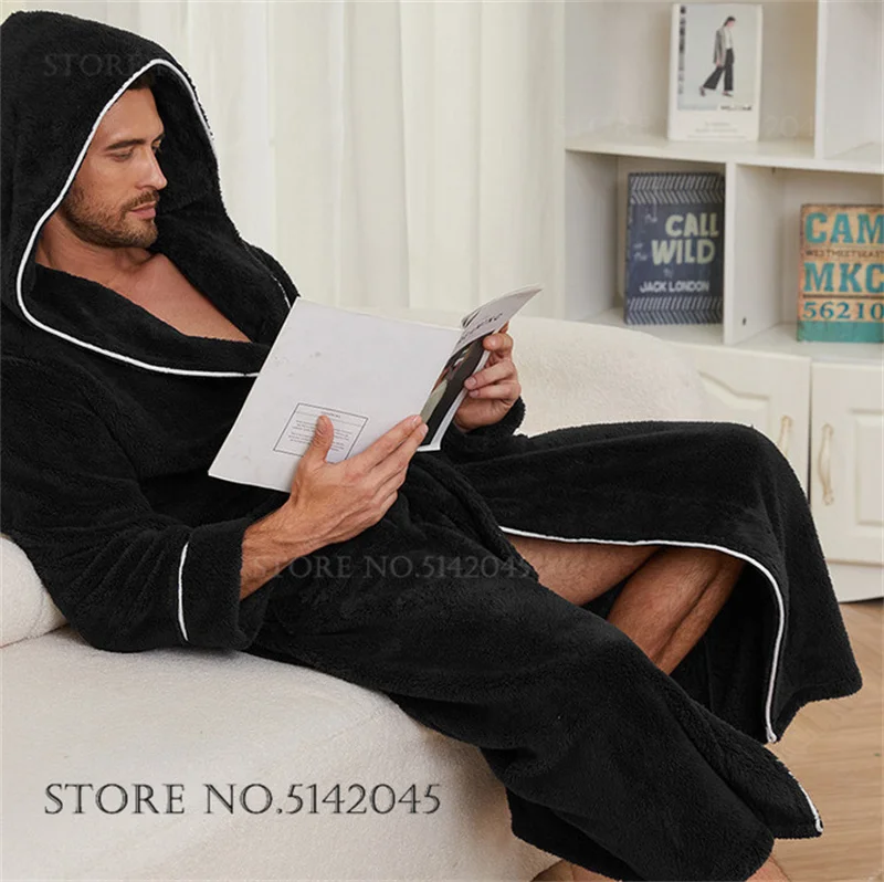 Autumn Winter Coral Fleece Men's Long Robe Kimono Gown Homewear Thicken Warm Hooded Bathrobe with Pocket Loose Flannel Sleepwear