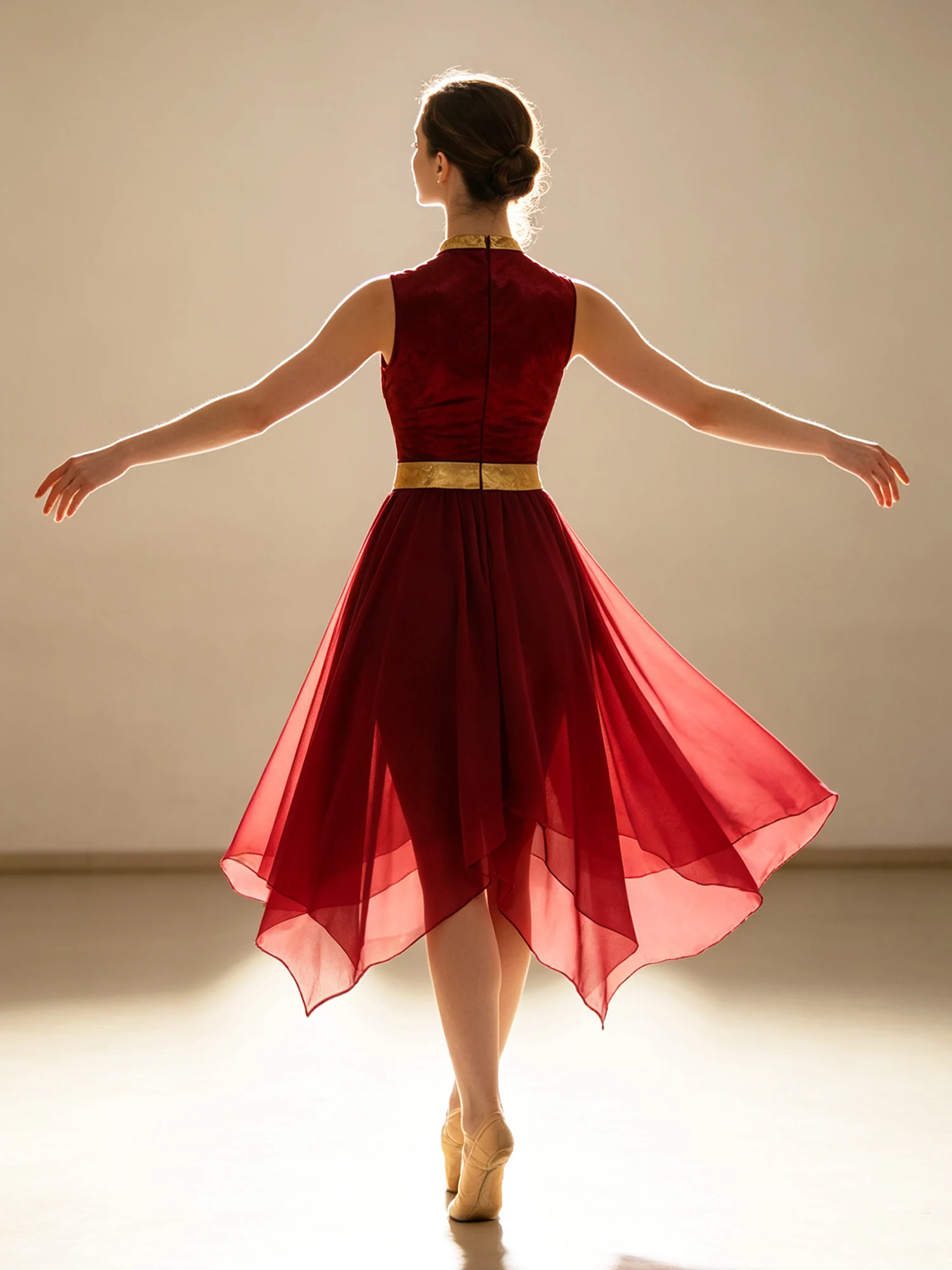 Women Worship Praise Dance Dress Metallic Splice Bodice Front Keyhole Sleeveless Irregular Hem Tunic Dress for Performance