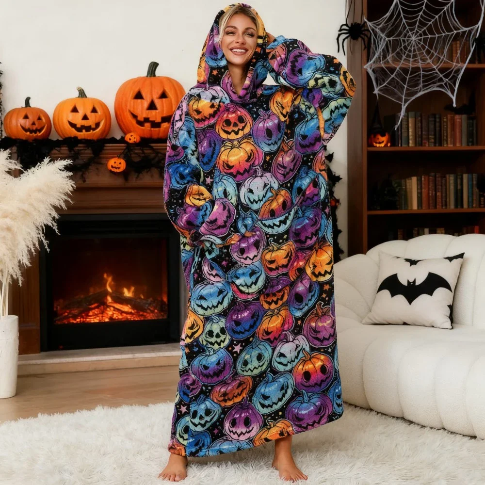 Winter Women Long Flannel Wearable Blanket with Giant Pocket Warm Sherpa Blanket Hoodie Adults Fleece Giant TV Oversized Blanket