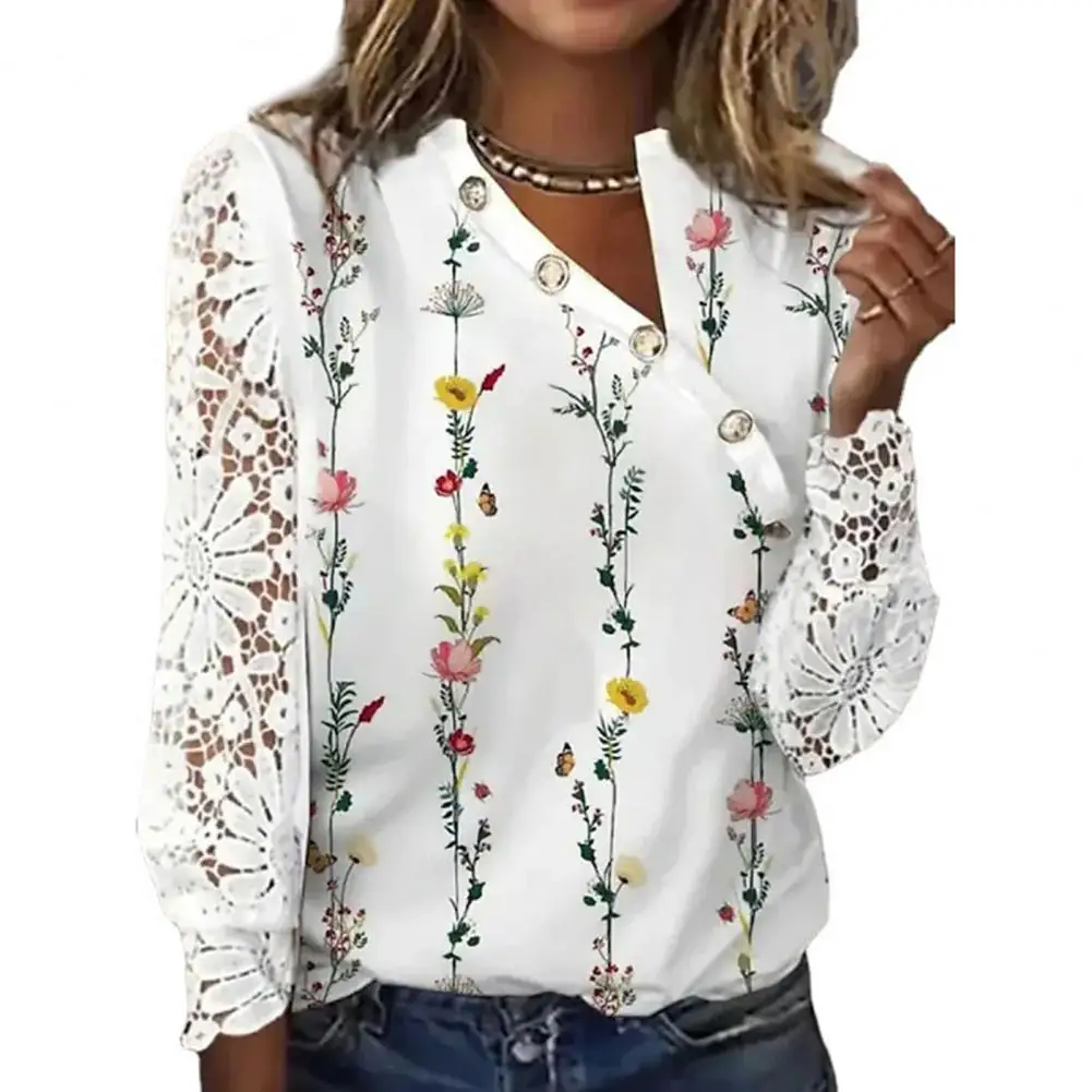 Jersey de encaje con botones para mujer, Top de manga larga con estampado de flores de retales, Crochet