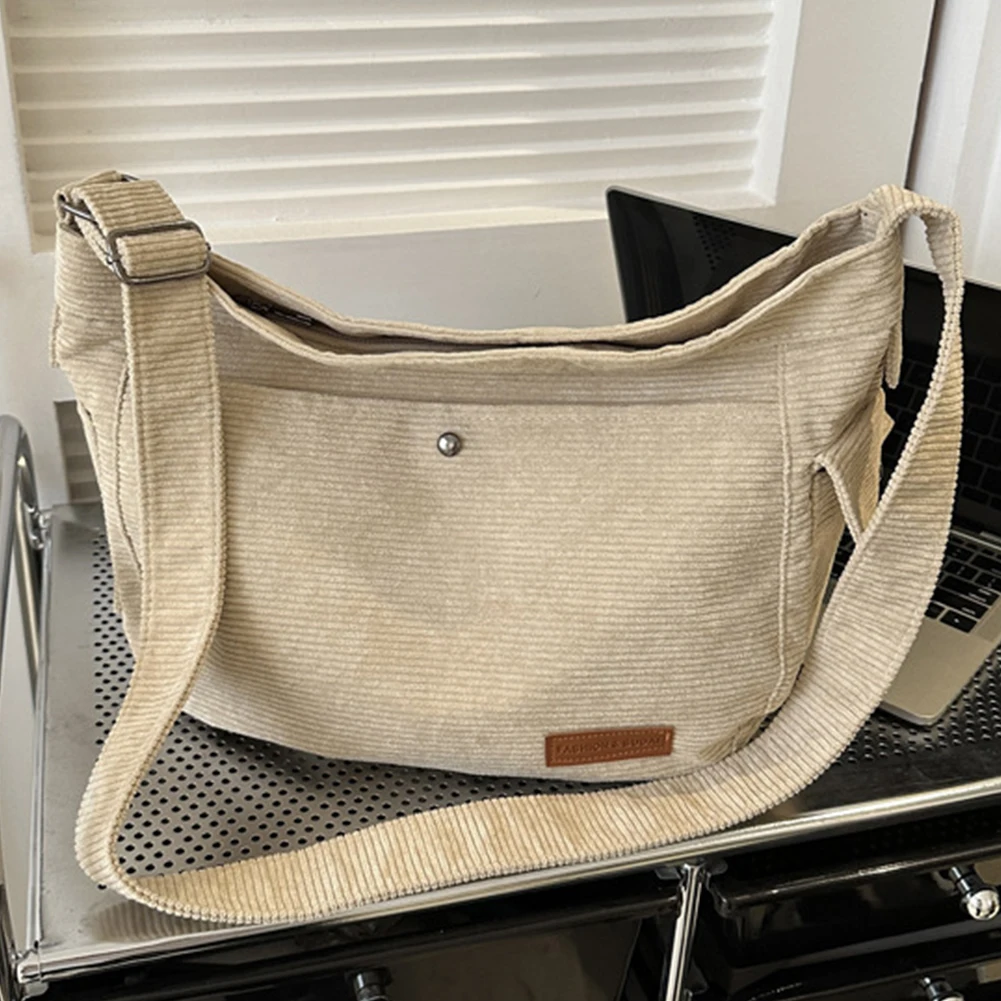 

Women Simple Shopping Bag Large Capacity Casual Shoulder Bag Corduroy Adjustable Strap Solid Color Leisure Travel Outdoor Bag