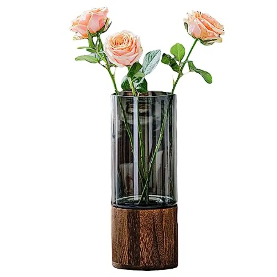 

Artistic Wood Glass Vase, 10" H, Wooden Base Cylindrical Flower Vase, Classic Boho Rustic Style for Fireplace Bedroom Kitchen L