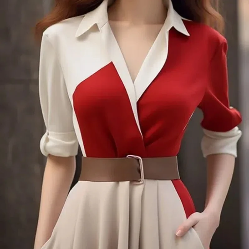 Spring Autumn New Fashion V-neck Long Sleeve Patchwork Contrast Color Women\'s Clothing Lacing Korean High-end Simplicity Dresses