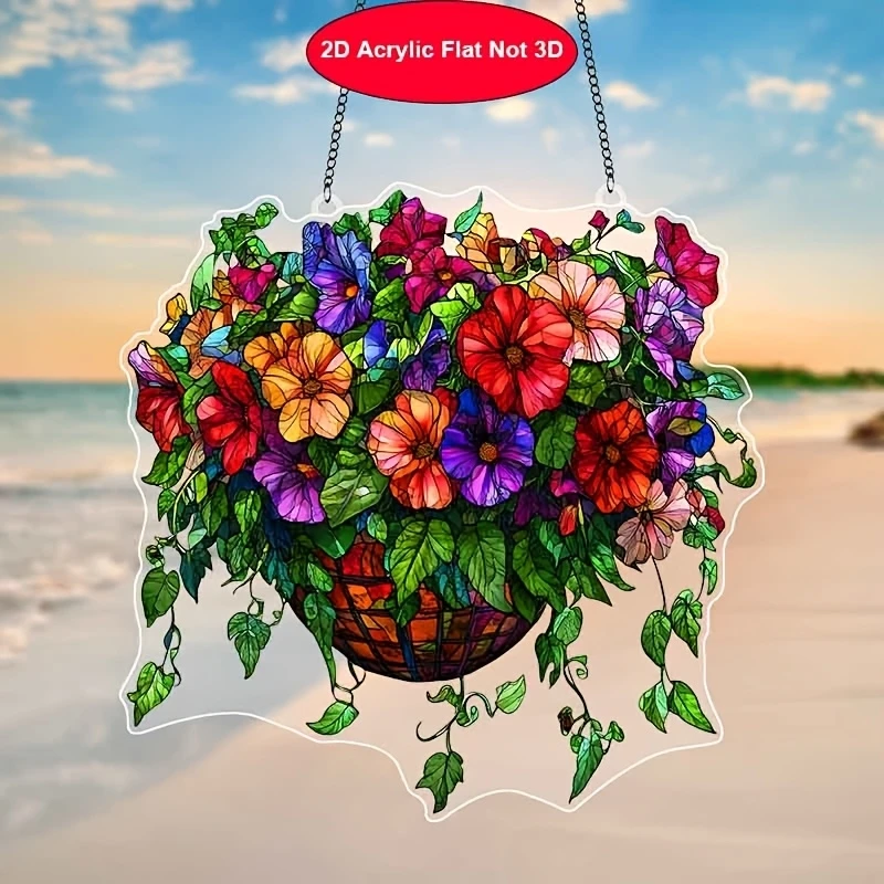 20CM Dekorativer Blumenkorb 2D Acryl Sonnenlichtfänger Fensterdekoration Topfpflanzen Wohnzimmer Garten Party Kunstwerk Geschenk