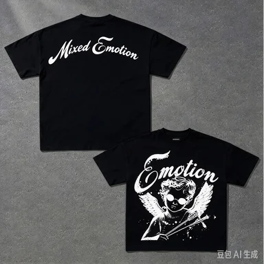 Unisex Vintage Angel Graphic T-shirt, Mixed Emotion Letter Print Crew Neck Cotton Tee, Retro Streetwear Short Sleeve Tops