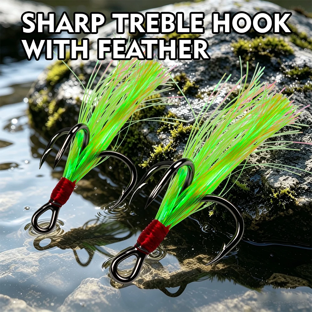 PROBEROS 10Pcs/Box Flash Tinsel Feather Hard Lure Treble Fishing Hooks High Carbon Steel Sharp Triple Hooks Bass Fishing Tackle