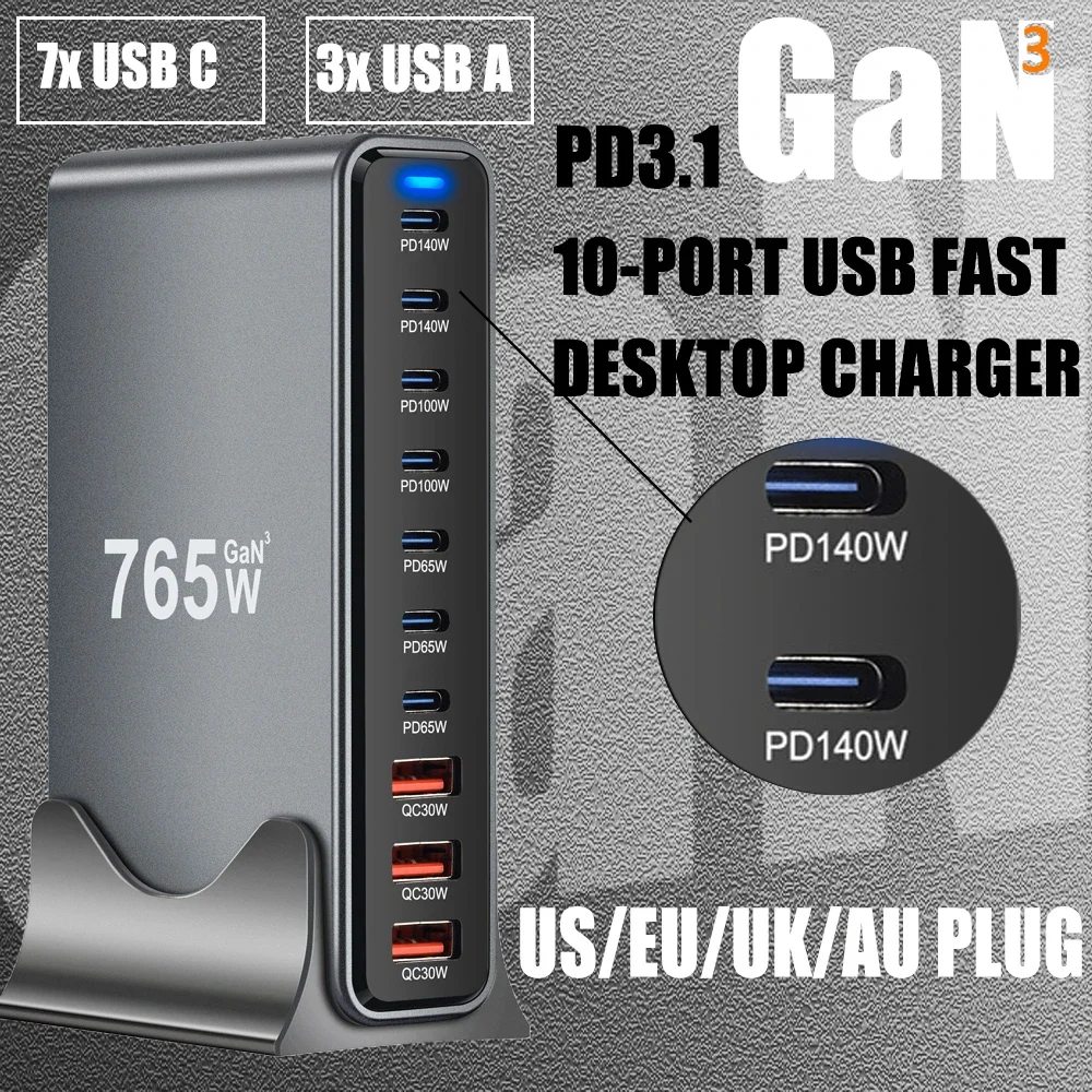 

765W GaN Charger Multi-Ports USB Charger Desktop Charging Station PPS QC PD3.1 Type C Fast Charge For MacBook/iPhone/Samsung/iPa