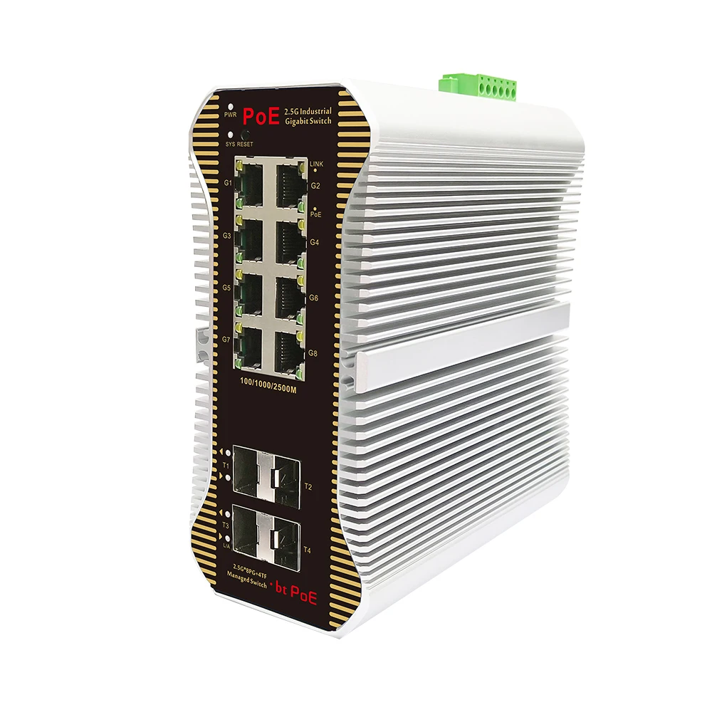 

Bullscom Industrial 12-Port Managed PoE Switch | 8x 2.5Gb PoE+ (802.3af/at/bt, 480W) + 4x 1/2.5/10G SFP | Layer 2 Network Switch