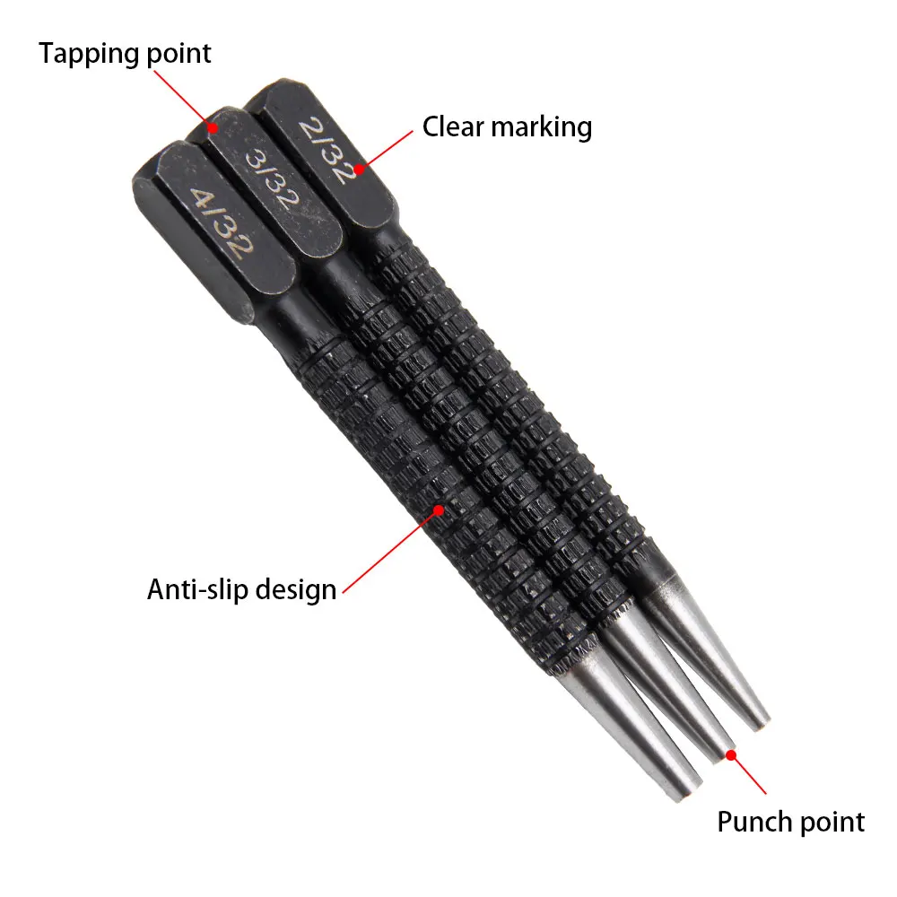 3PC Concave Manual Center Punch Positioning Punch Drilling Fixer Black Cylindrical Nail Electric Tool Accessory Set