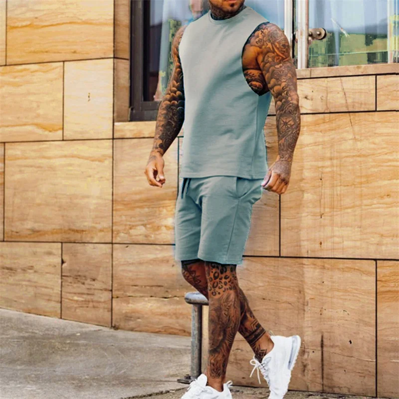 Men's Solid Color Simple Two-piece Sets Casual Thin Section Lace-up Five-piece Pants Sleeveless Tops Summer Sports Male Suits 23