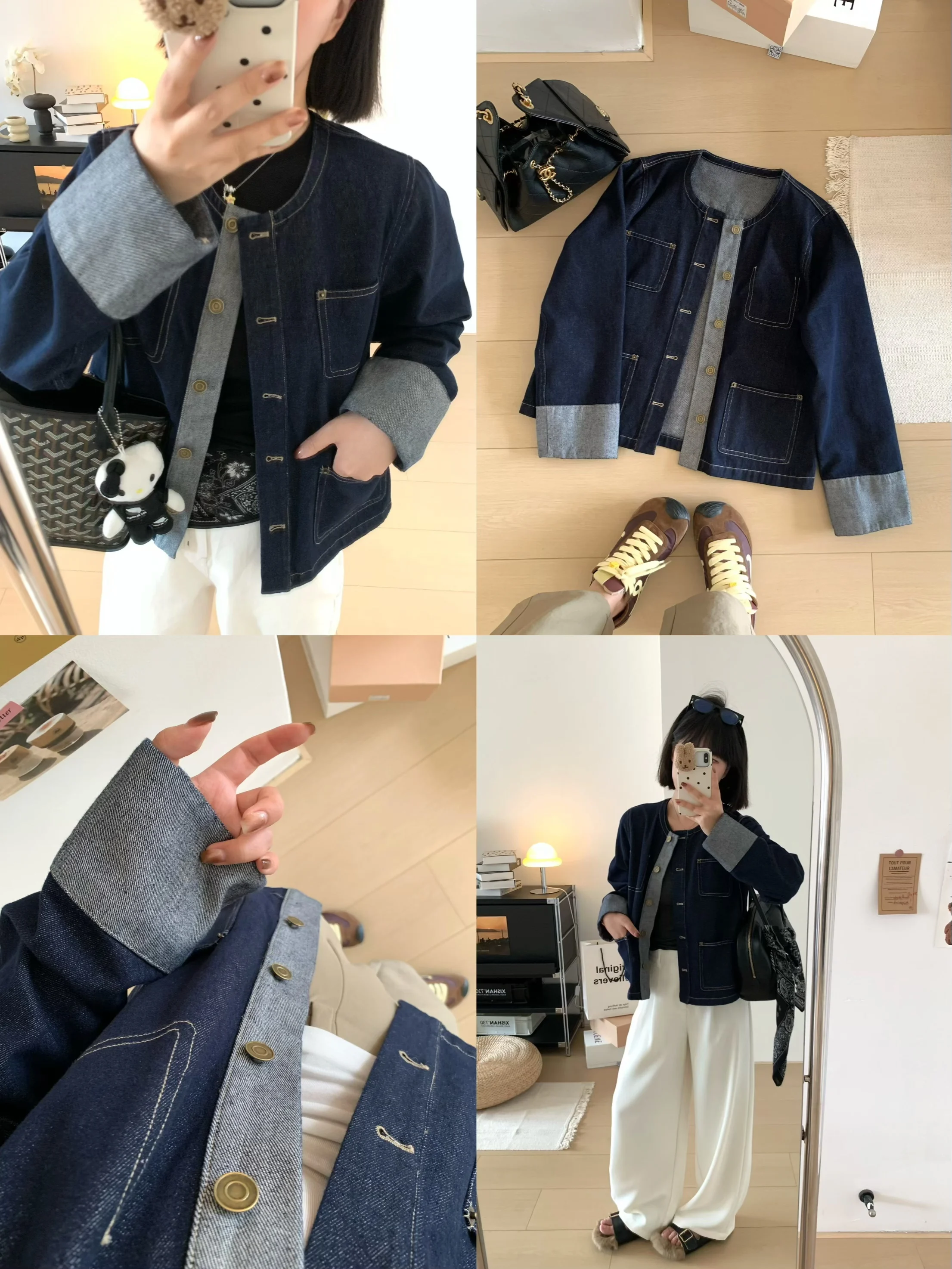 

Ретро джинсовая куртка-топ для женщин с длинным рукавом, круглым вырезом, стандартной шириной плеч, из смесового хлопка и полиэстера, повседневная, в стиле кэжуал.