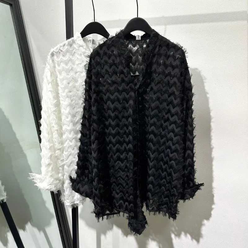 

SuperAen Spring and Summer New Black Feathered Hollowed Out Loose Long-sleeved Shirt Design Casual Ruffled Elegant Style Shirts