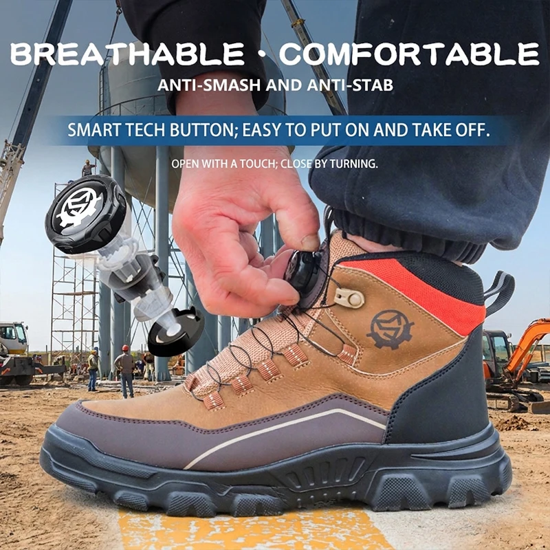 Waterproof High Top Rotary Knob Lightweight Safety Shoes Steel Toe Anti-puncture Anti-smash Industrial Boots