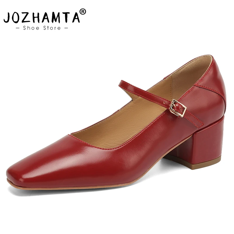 JOZHAMTA Elegant Pumps For Women Genuine Leather Buckle Strap Chunky High Heels Shoes Ins Spring Classic Office Dress Size 34-49