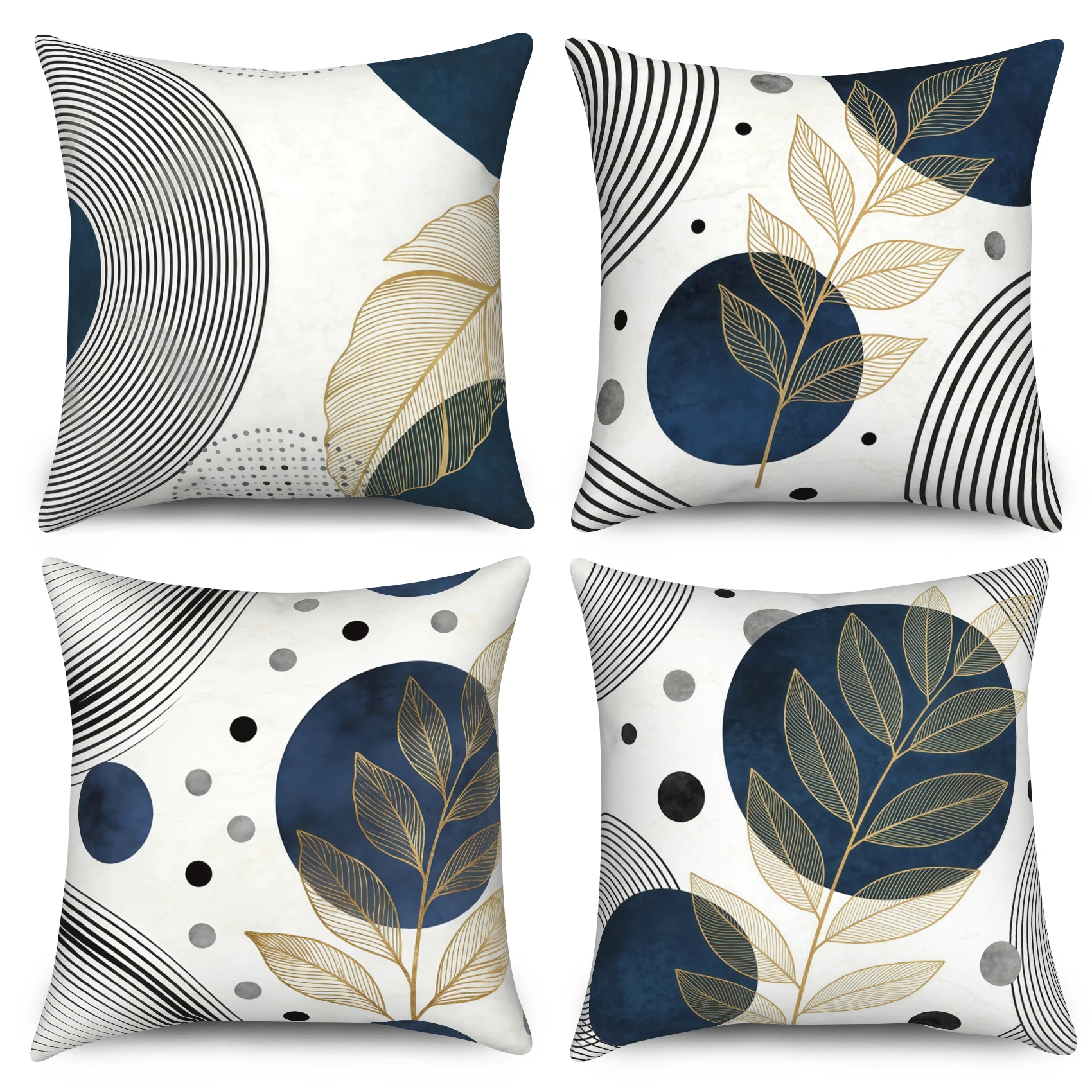 Navy Blue Gold Geometric Pillow Covers 4 Pack Modern Abstract Leaf Pattern Polyester Linen Pillowcases Bedroom Living Room Decor