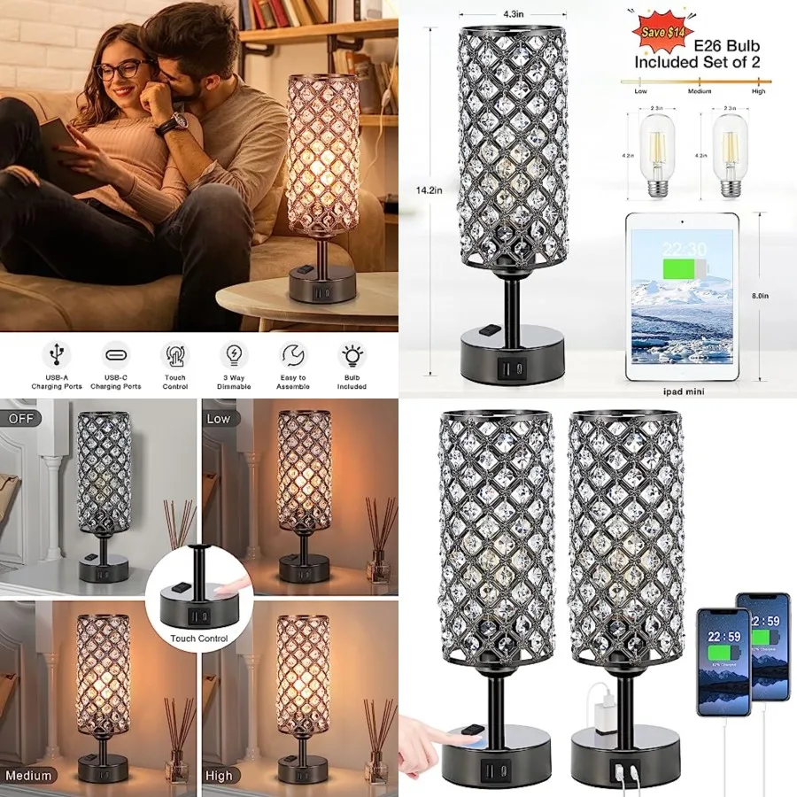 

Crystal Table Lamp Touch Control Set of 2, 3-Way Crystal Lamps with USB C+A Ports and AC Outlet, Dimmable Nightstand Desk Lamps