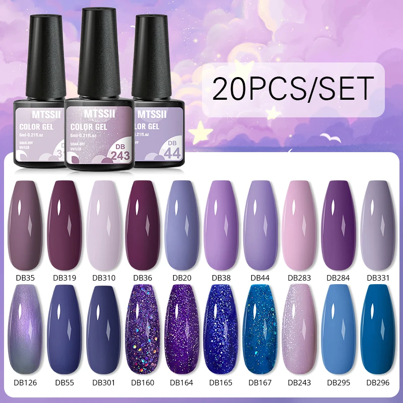 20/10PCS เล็บเจลเล็บชุดสีม่วง Glitter กึ่งถาวร Soak Off UV Led Hybrid Gel Varnishes ฐาน top Coat เล็บเจลศิลปะเจลชุด