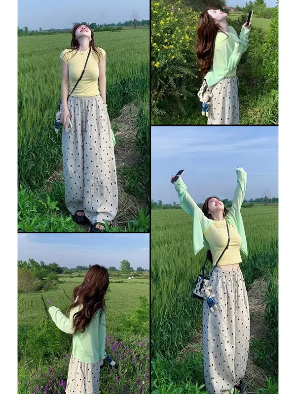 

Chic Summer Polka Dot Wide Leg Pants Yellow Short Sleeve T-Shirt Elegant Open Cardigan Women's Fashion Three-Piece Set