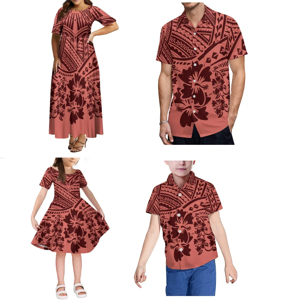 Elegante set per la famiglia dell'isola polinesiana da donna, girocollo, maniche corte, abito estivo a vita alta e camicia Aloha da uomo