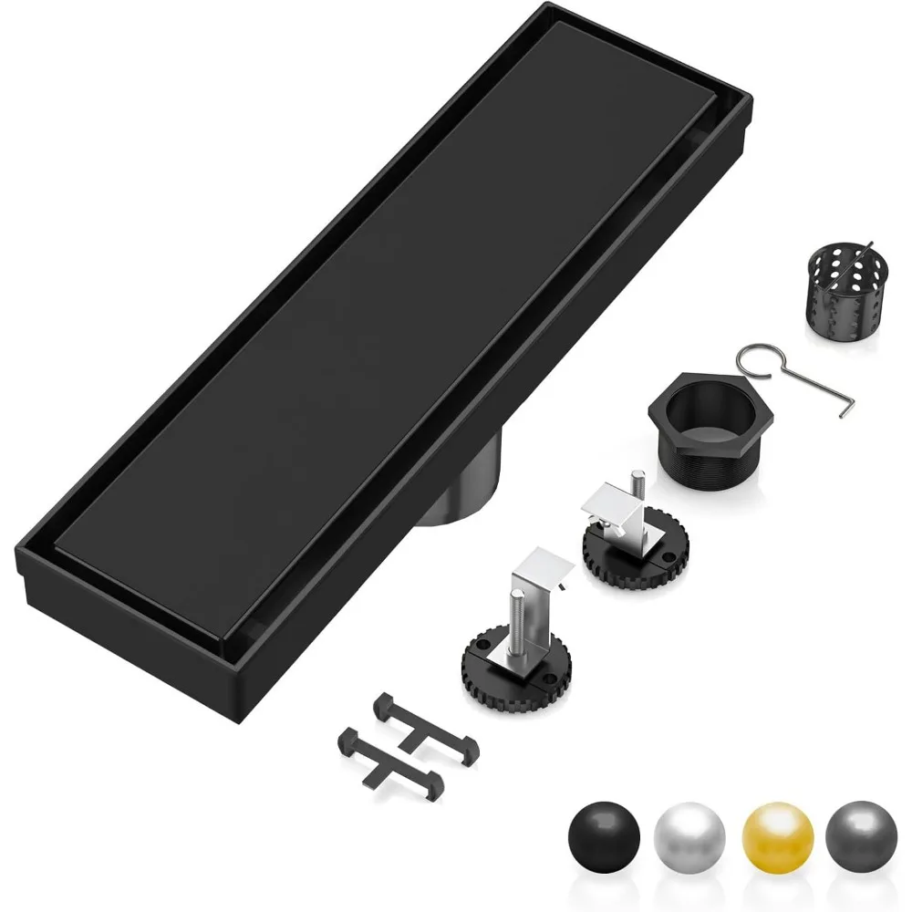 

Linear Shower Drain 12 Inch Matte Black Stainless Steel Tile Insert Adjustable Feet Rectangle Floor Drain