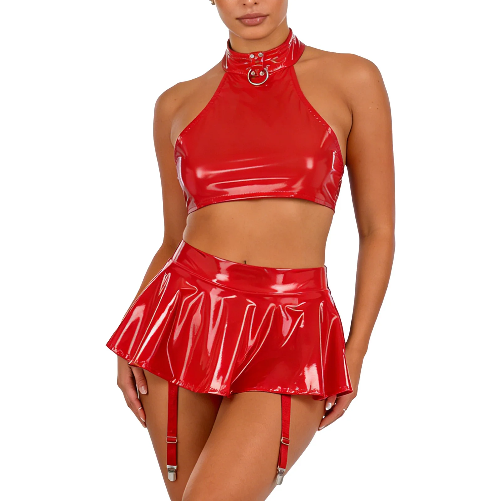 Womens Patent Leather Lingerie Set Nightclub Rave Outfit O Ring Halter Backless Crop Top with Built-in Thongs Ruffle Miniskirt