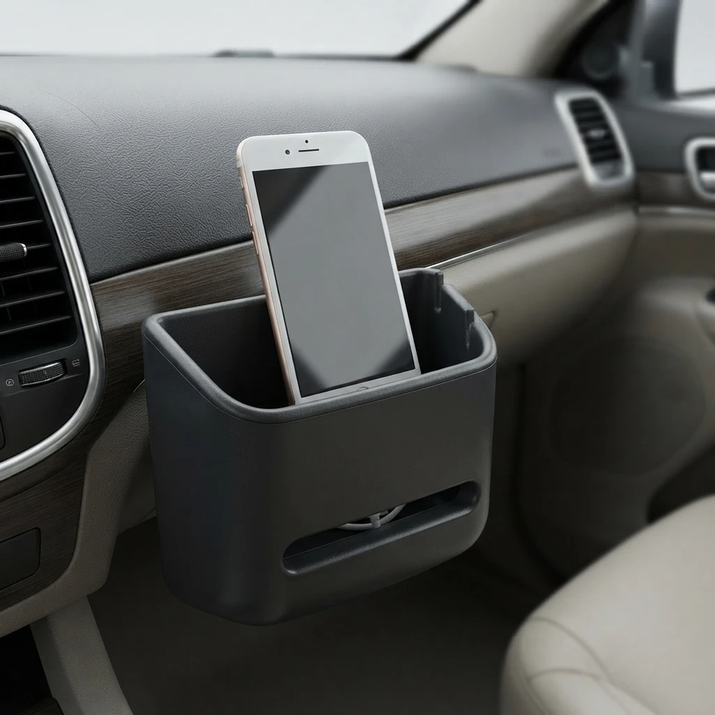 Car Interior Phone Holder Box with Cable Management Slot Plastic Storage Organizer for Car Accessories 1Pc