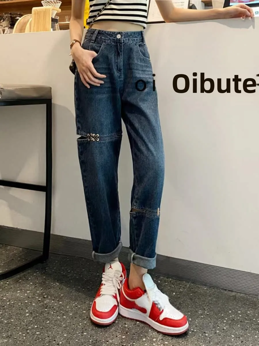 

High Waist Women's Jeans Harlan Long Pants Trendy Design Hole Splicing Slimming Effect Autumn Winter New Sle Casual Faion