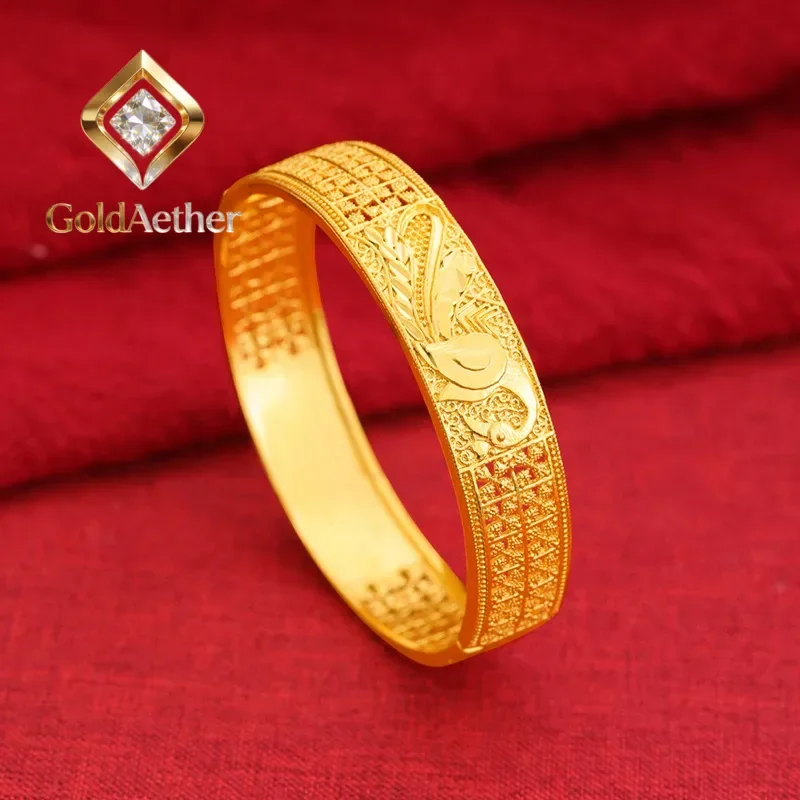 

GoldAether Luxury 24K 9999 Pure Gold real gold Women's Hollow Carved Bracelet Peacock Pattern Buckle Bracelet