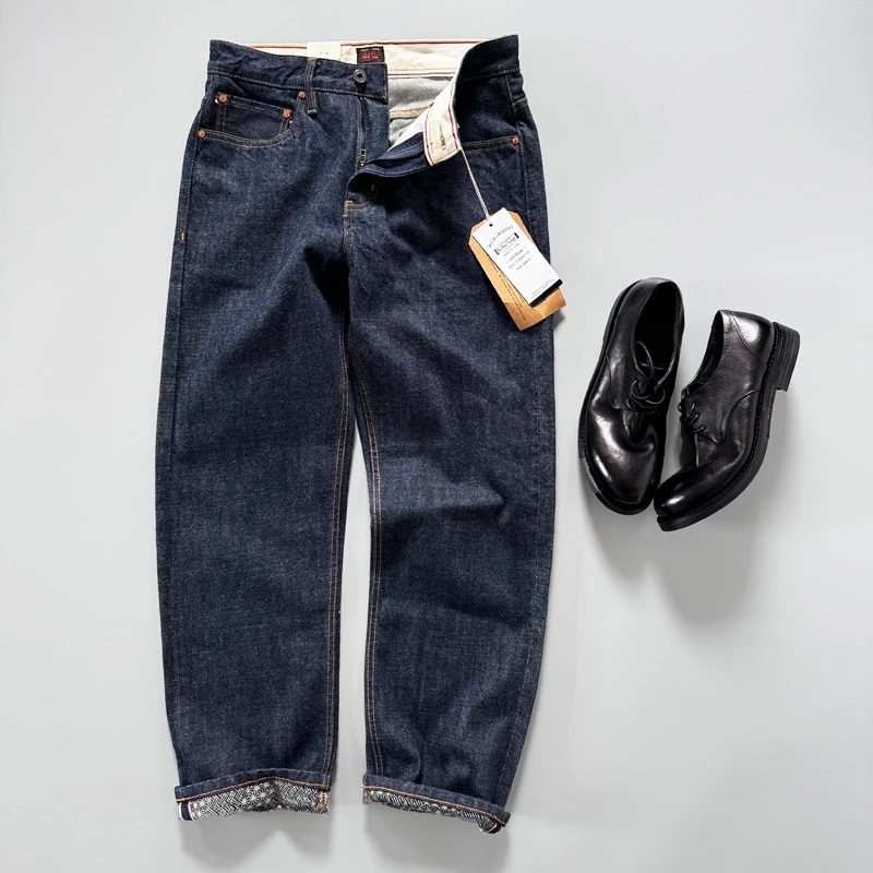

Thiened 6 Ounces Sakura Red Ear Denim Jeans Straight Leg Long Trousers Loose Fit Vintage Japanese Sle mid High Waist