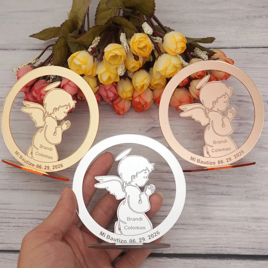 맞춤형 귀여운 천사 세례 장식 아크릴 거울, 세례 파티용 테이블 장식, 베이비 샤워 선물, 10cm