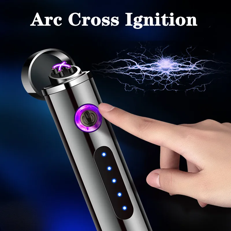 Mini Cylindrical Cross Dual Arc USB Lighter Touch Sensing Portable Outdoor Windproof Plasma Pulse Flameless Metal Lighter Tools