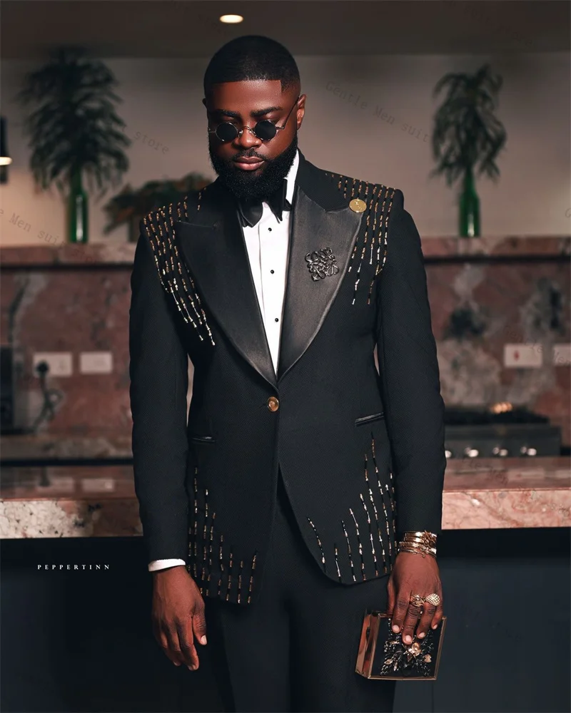 

Black Crystals Men Suit Set 2 Piece Blazer+Pants Trousers Cotton Wedding Tuxedos Formal Office Jacket Prom Coat Customized