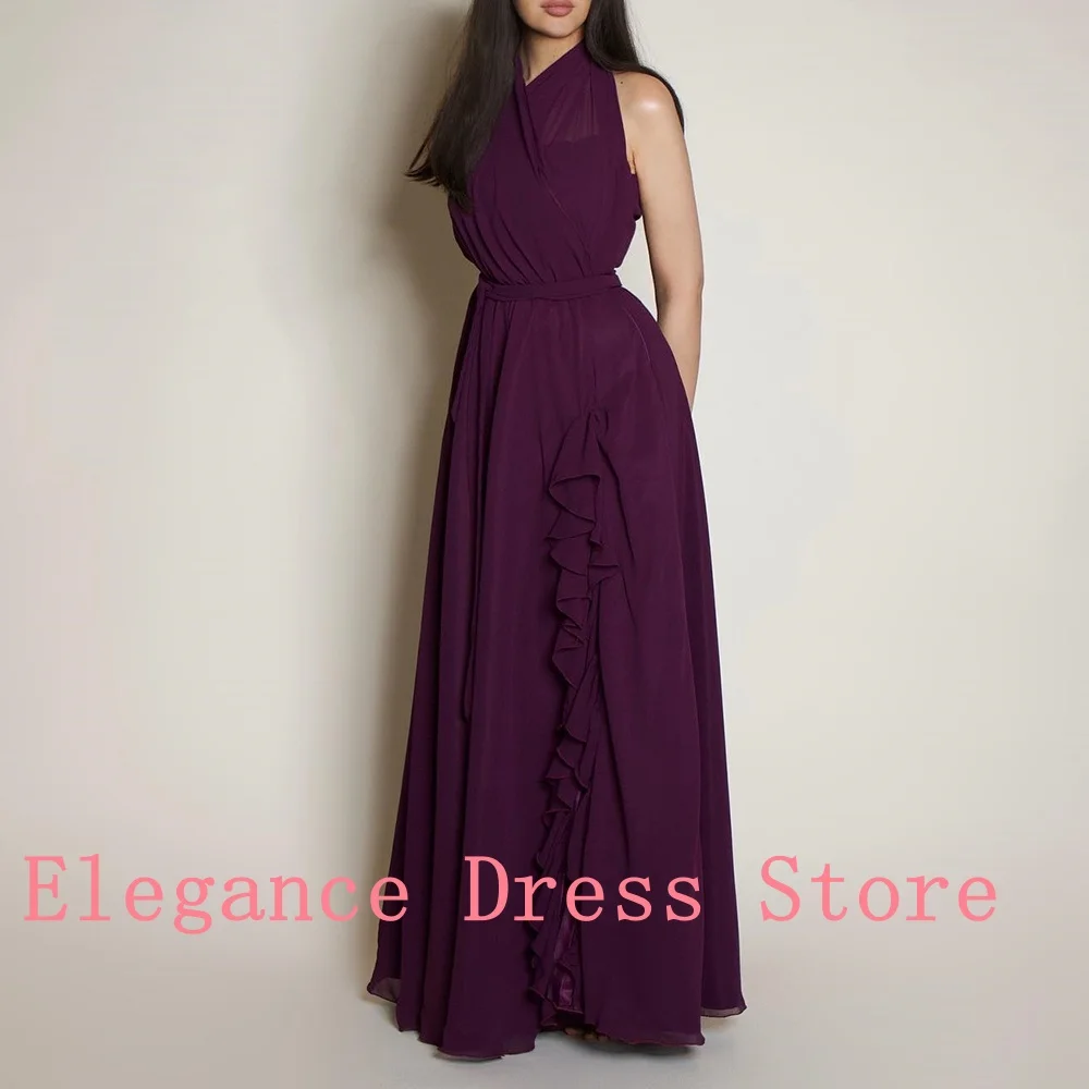 Customized Graceful Halter Belt Ruffles Evening Dress Classic Chiffon Sleeveless Photo Color Pleats Sweep Train Robe de soirée