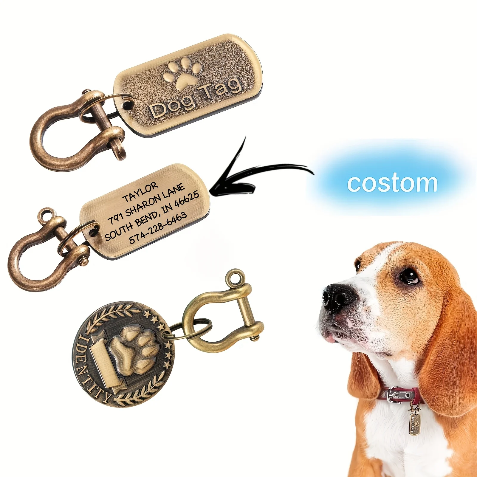 Etiquetas de perro grabadas para mascotas: etiquetas de nombre de perro personalizadas resistentes, etiquetas de perro personalizadas con grabado láser, bien hechas, fáciles de leer Pe