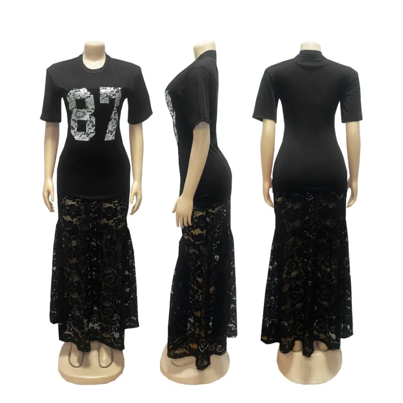 T-shirt con stampa di lettere patchwork in pizzo Abito lungo da donna Moda O Collo Manica corta Aderente Festa di compleanno Abito lungo Streetwear