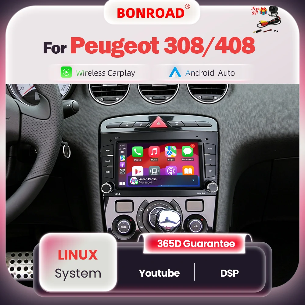 BONROAD autoradio 7 pouces pour Peugeot 308 408 SW T7 2007-2013, système intelligent avec Carplay sans fil, Android Auto, écran tactile 2 din, DSP, GPS, MirrorLink, stéréo