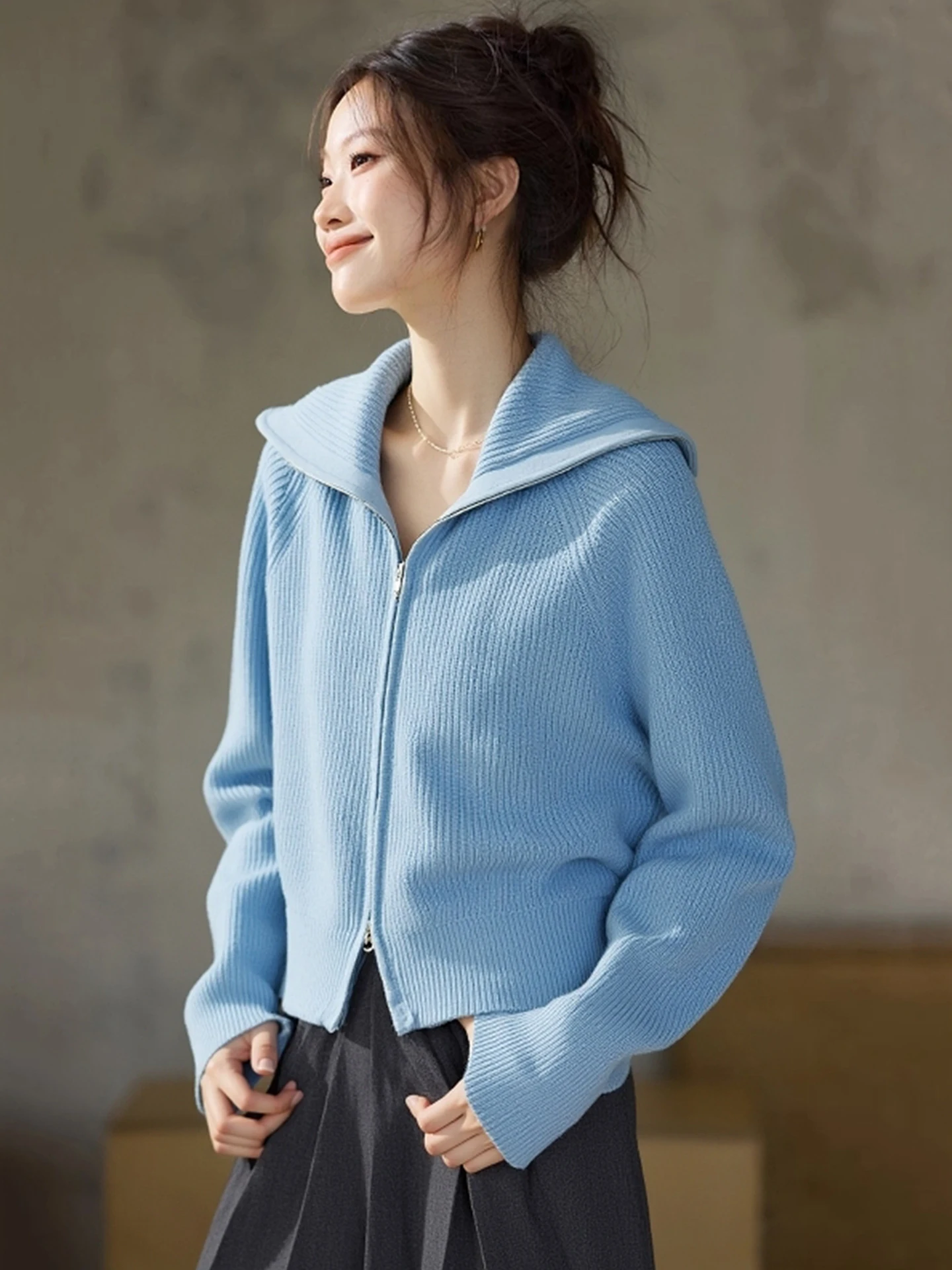 

Ele Zipper Design Camere Трикотаж Long Sve Color Faionable Commute Корейский зимний топ Уникальный дизайн