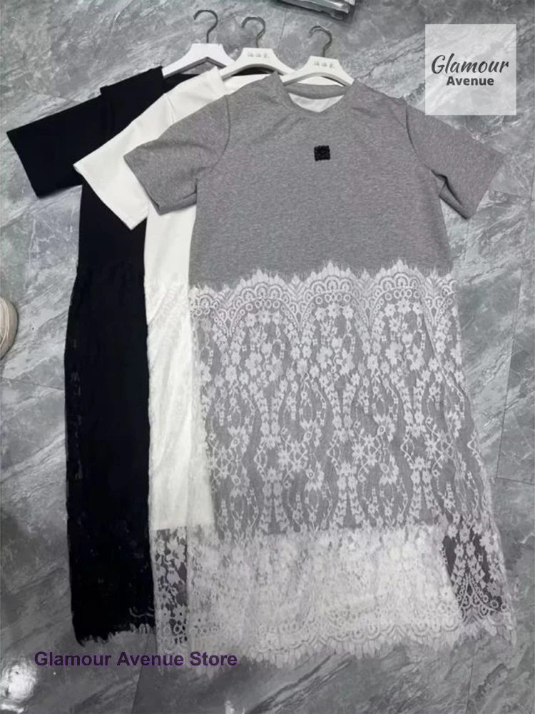 

Summer new solid color stitching lace short sleeve dress female French style plus size long loose Joker slim T-shirt dress