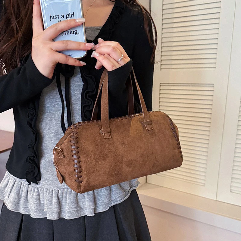 Vintage Faux Suede Boston Handbag Women Woven Edge Shoulder Bag Retro Fashion Stitching Design Commuter Crossbody Bag