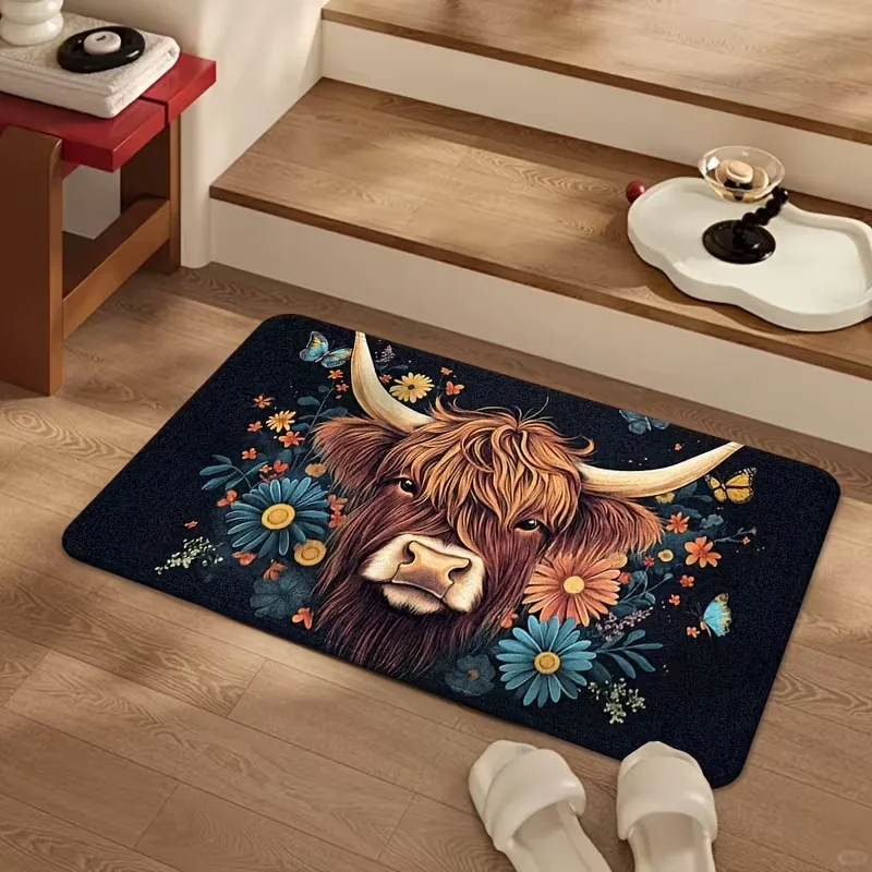 Highland Cow and Butterfly Floral Print Kitchen Mat Set, Suitable for Home Use Ideal for Entryway, Laundry Room, Spring Summer