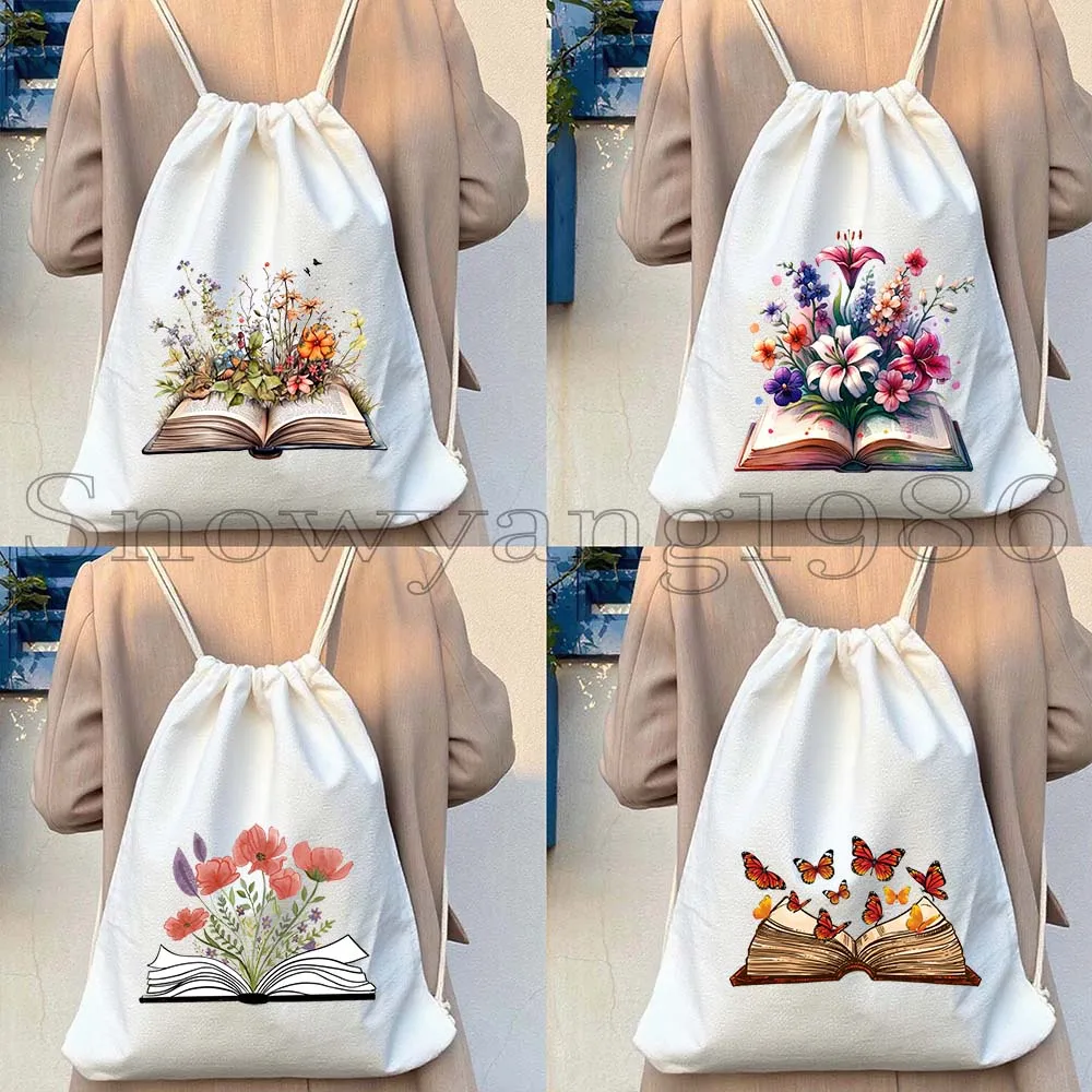 Butterflies Flowers Growing From Book Floral Open Book Aesthetic Books Lover Gifts Canvas Drawstring Backpack Bags Gym Sackpack
