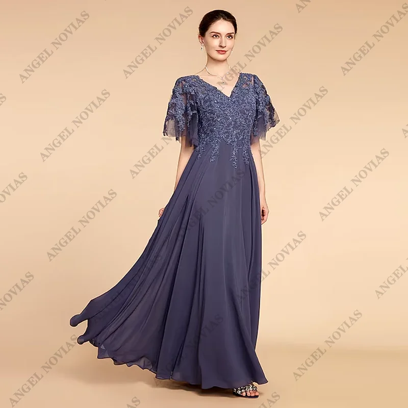 

Customized A-Line Mother of the Bride Dress Elegant Plus Size V Neck Floor Length Chiffon Lace Wedding Party Dress